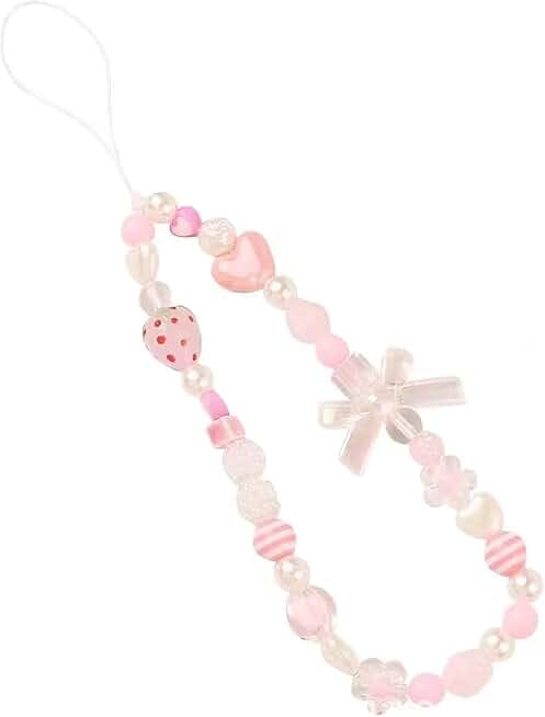 Phone Charms Strap Pink Cute Aesthetic Love Phone Chain Girl Pearl Beaded Lanyard Jewelry (Strawberry)
