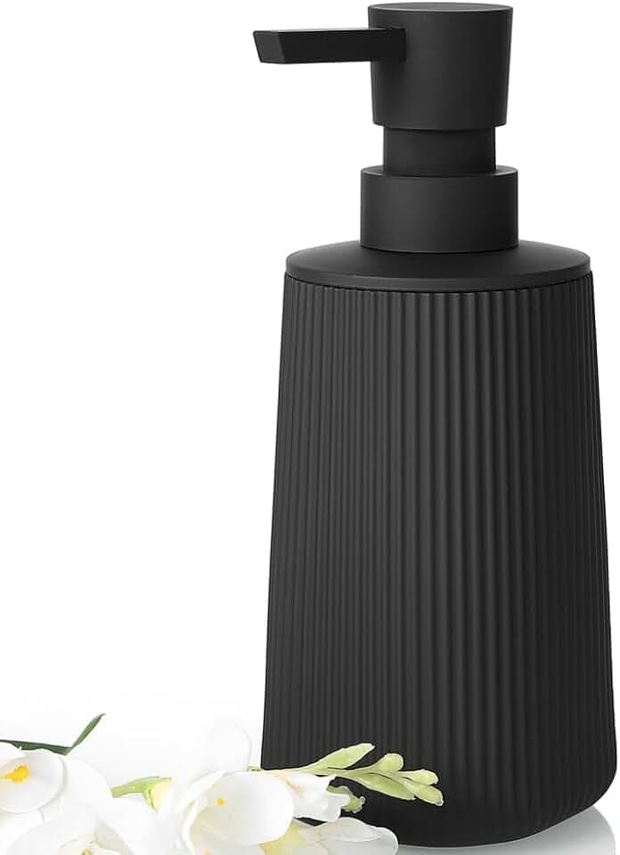 Black Hand Soap Dispenser with No Rust Pump for Bathroom and Kitchen Countertops Refillable Striped Matte Plastic 8.5 oz