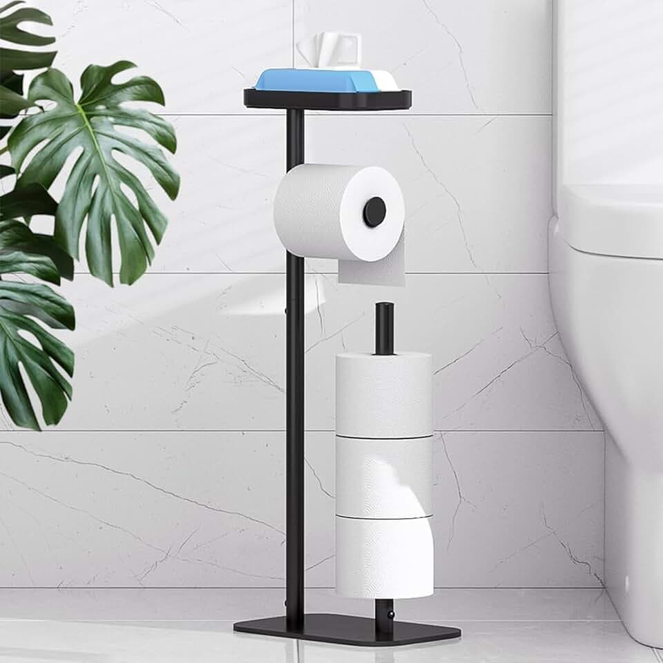 Kitsure Toilet Paper Holder Free Standing – Rustproof Metal Toilet Paper Stand for 4 Rolls with Anti-Slip Base and Shelf for Phone & Small Items