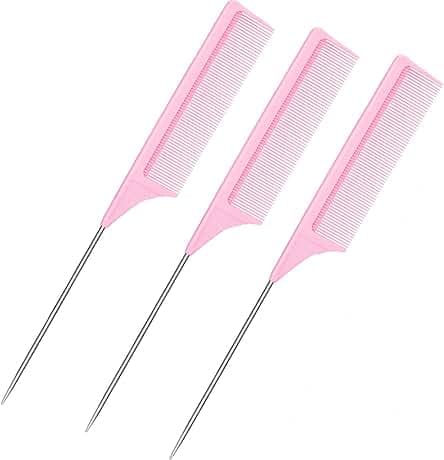 3 Packs 9 Inch Rat Tail Comb Carbon Fiber Heat Resistant Teasing Comb with Metal Pick Styling Parting Lightweight Sectioning Fine Tooth Combs for Women Girls