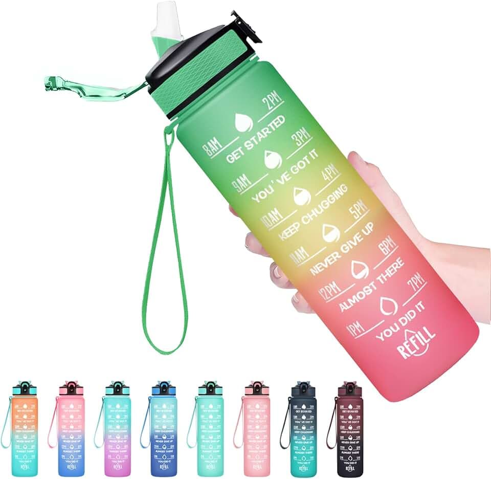 Hyeta 32 oz Water Bottles with Times to Drink and Straw