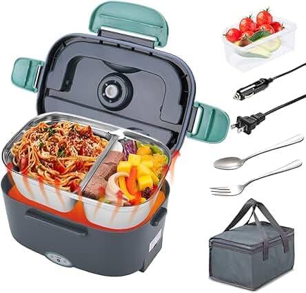 Electric Lunch Box Food Heater with 2 Compartments 70W Leakproof Portable Food Warmer Lunch Box for Adults Car Truck Work