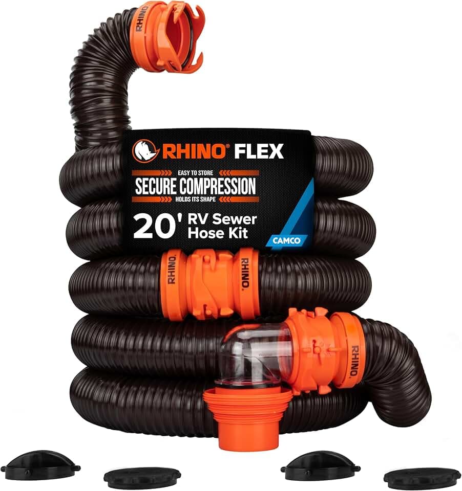 Camco RhinoFLEX 20-Ft RV Sewer Hose Kit - Features Clear Elbow Fitting w/Removable 4-in-1 Adapter - Connects to 3” Slip or 3”/3.5”/4” NPT Threaded Sewer Connection (39742)