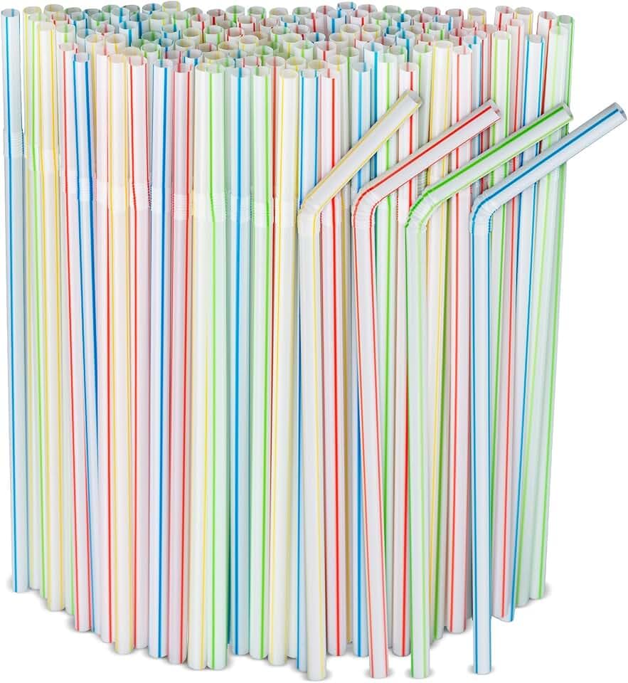 [500 Pack] Striped Flexible Plastic Drinking Straws Disposable Straw 8'' inches Tall Assorted Colors