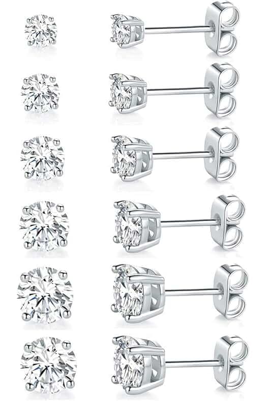 18K White Gold Plated 4 Pong Round Clear Cubic Zirconia Stud Earring Pack of 6 Pairs (6 Pairs)